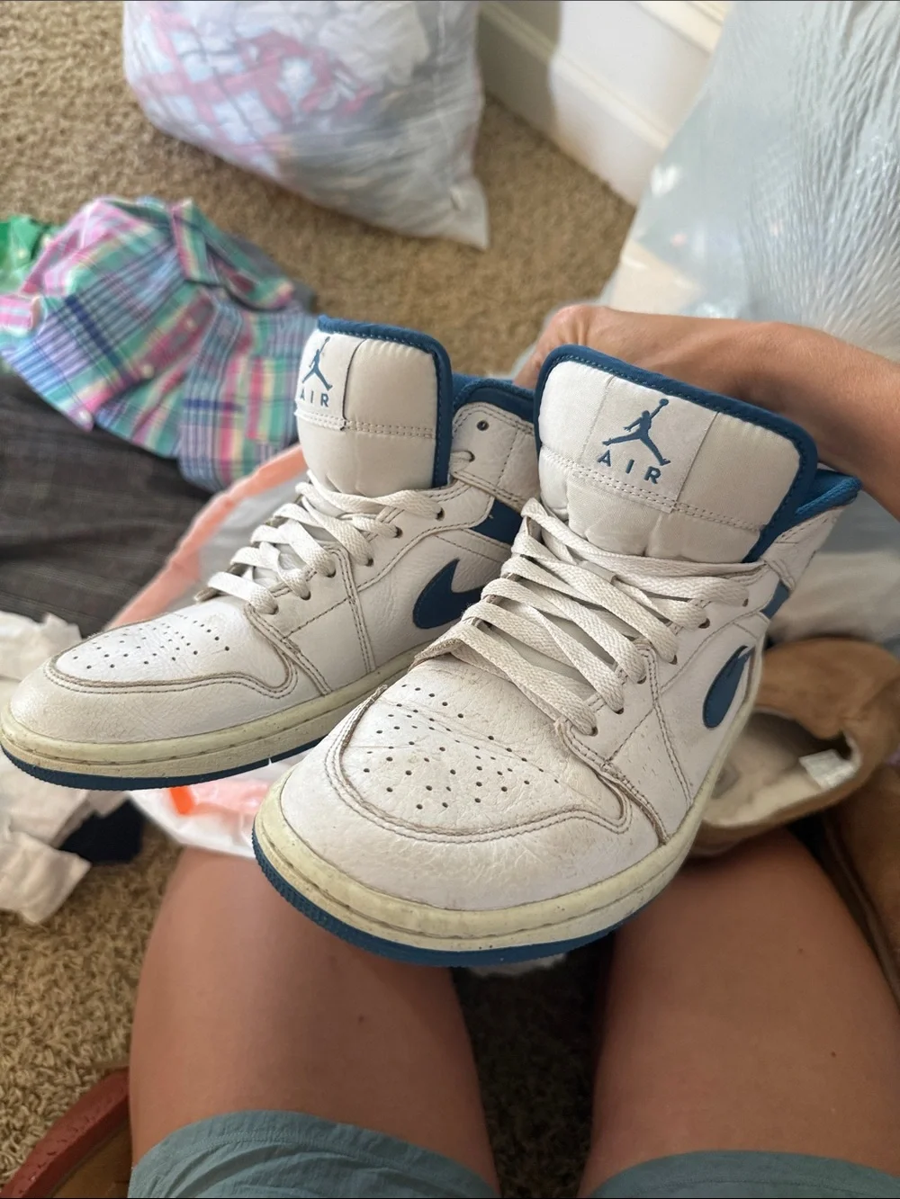 Jordan Kids White and Blue High-Top Sneakers